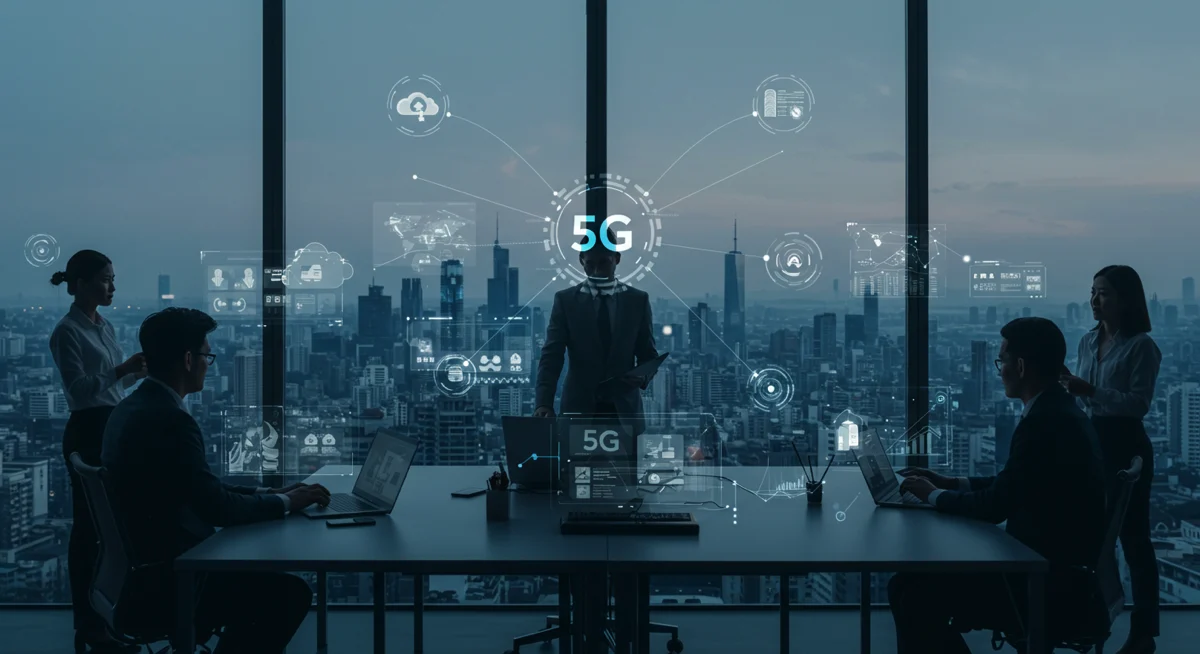 Business professionals leveraging 5G technology to enhance remote collaboration in Tech Trends 2025.