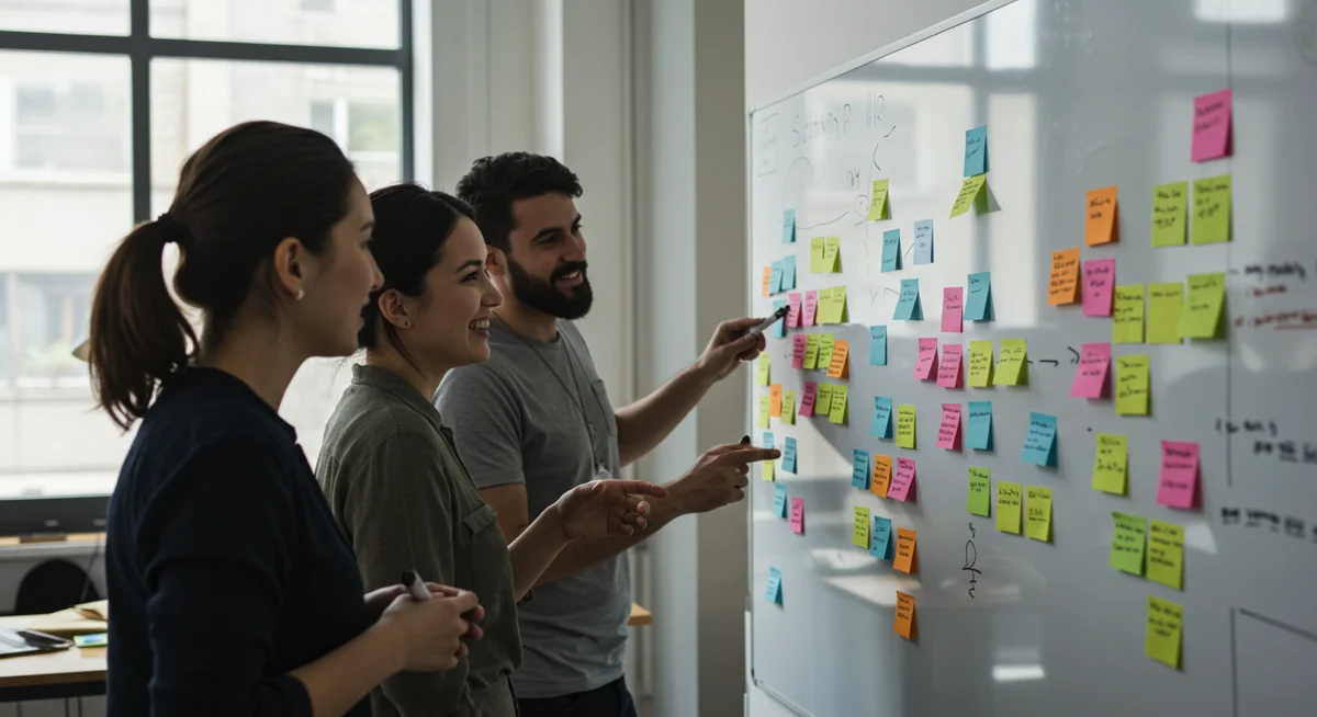 Scrum team reviewing tasks on a board
