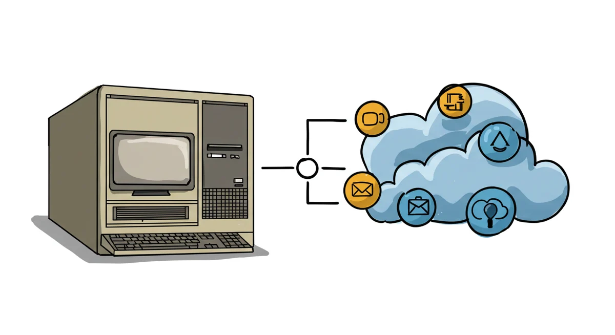 Old mainframe connected to modern cloud symbols.