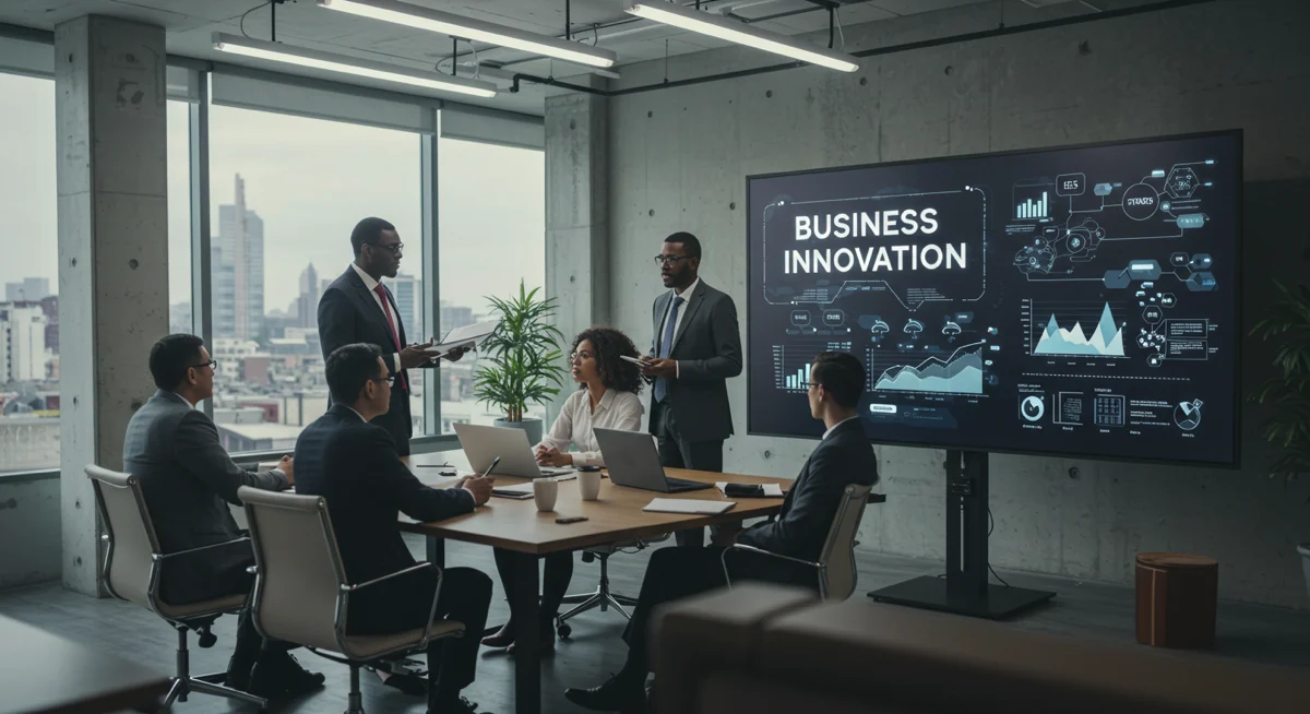 Business leaders discussing a Business Innovation strategy in a modern office.