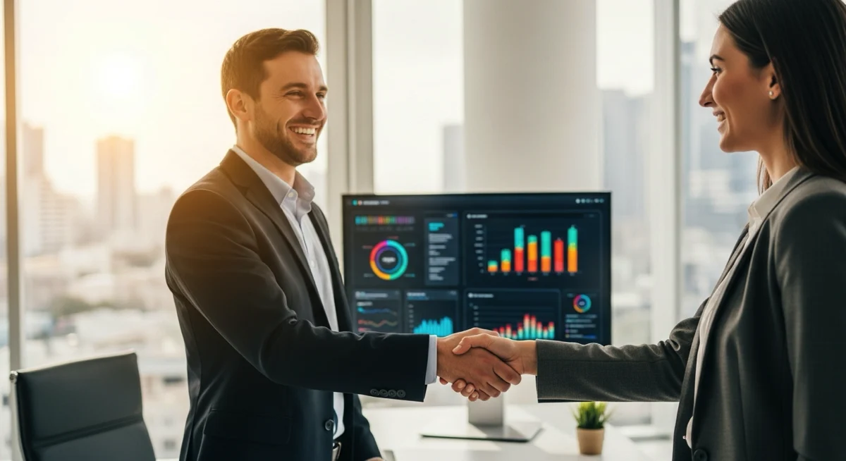 Two professionals shake hands in an office with tech charts displayed.