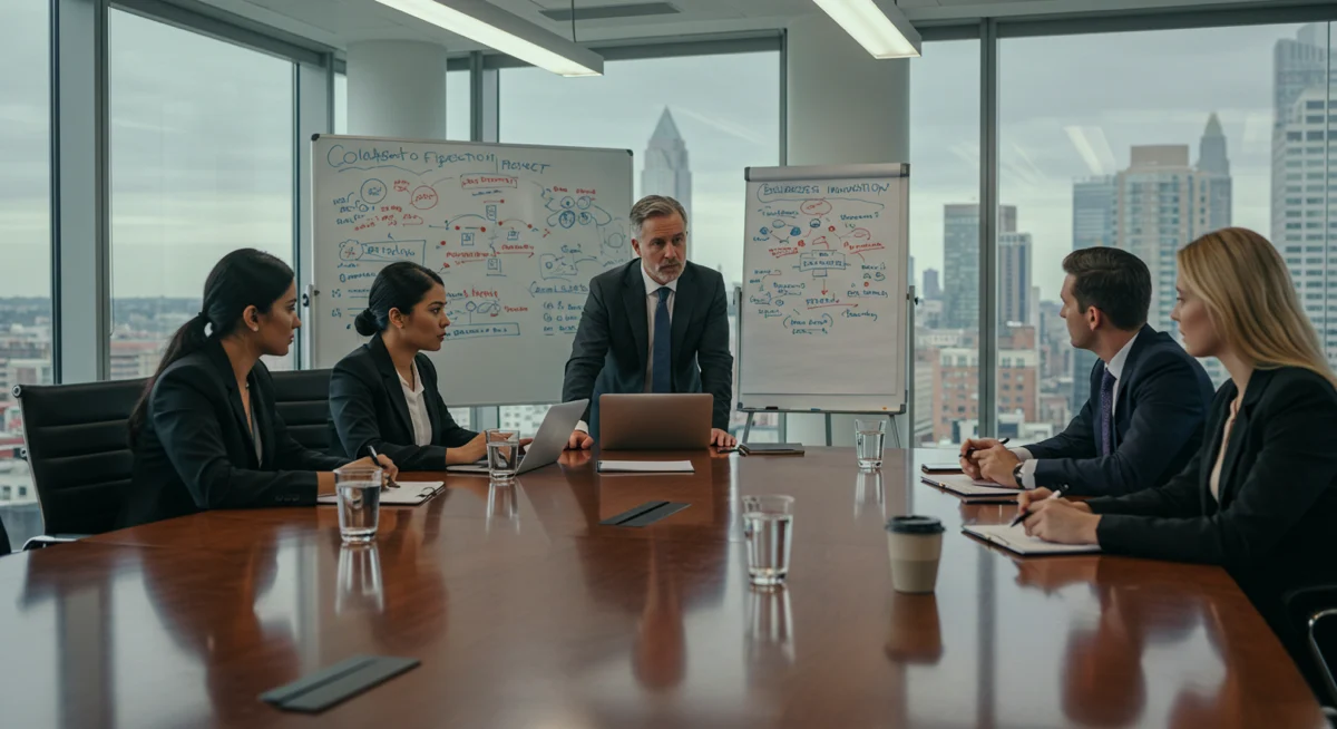 Business professionals from different companies collaborating on a Business Innovation project.