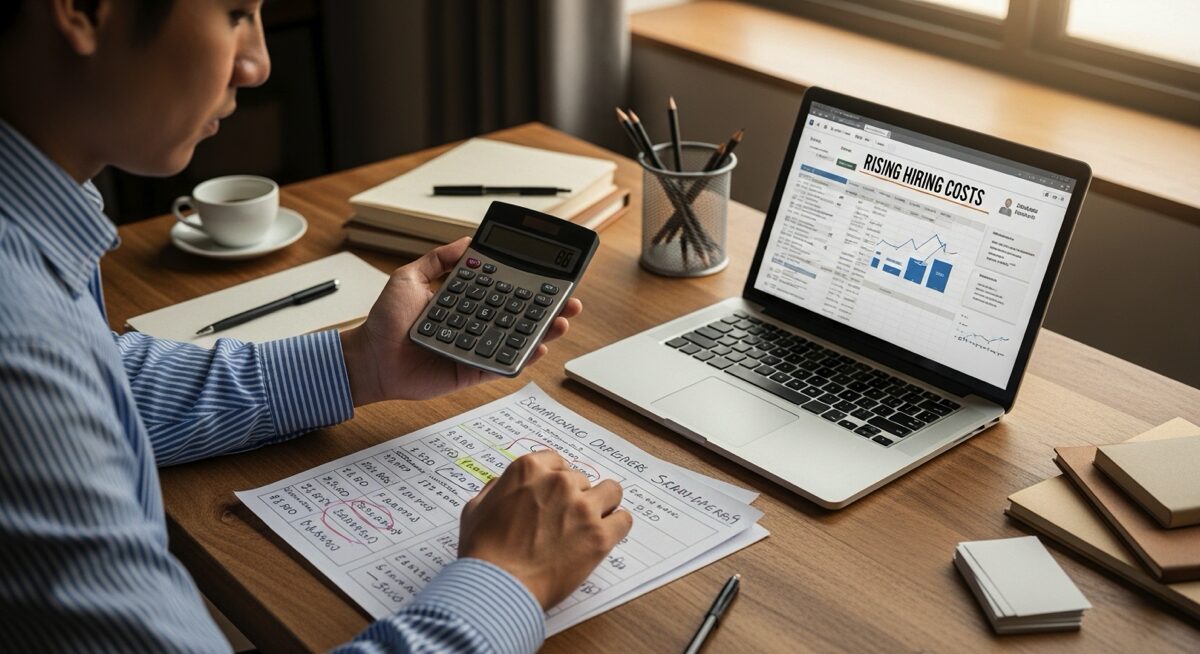 Small business owner using a calculator and reviewing salary offers for developers, demonstrating the rising cost barrier.