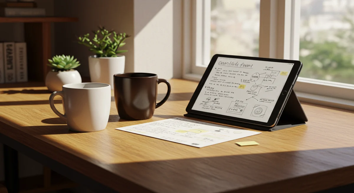 A relaxed setting with coffee mugs and a tablet open to a to-do list