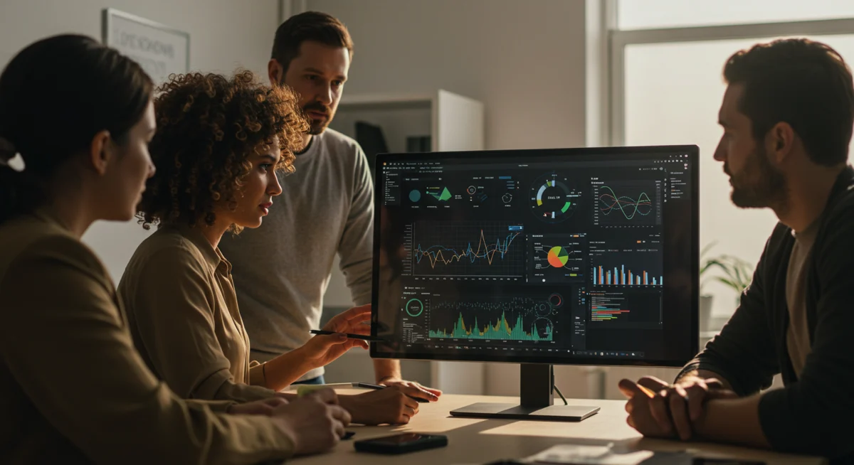 Colourful sketch of colleagues gathered around a tablet, sharing ideas