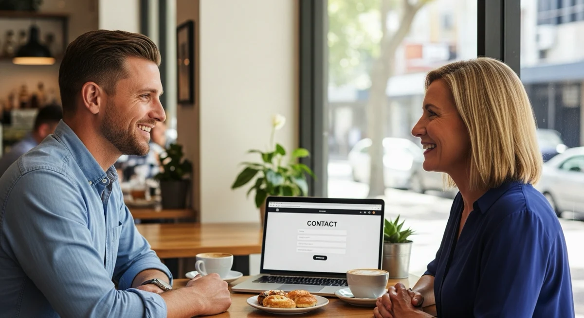  Iain White discussing a portfolio website plan with a small business owner.