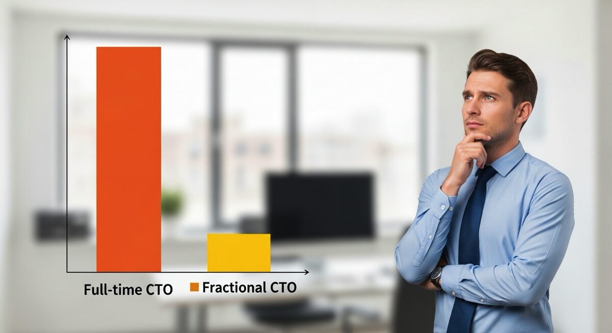 A chart compares the cost of full time and fractional CTO hiring, illustrating savings.