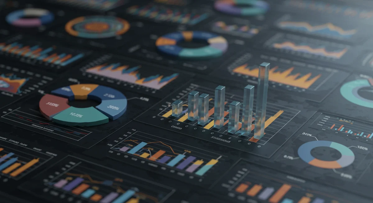 Minimalist style sketch showing line graphs, bar charts, and digital data flowing