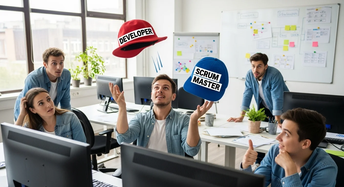 Developer juggling Scrum Master responsibilities in a small software team.
