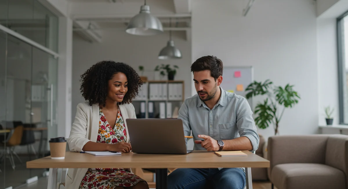 A small business owner looking at a laptop discussing digital plan