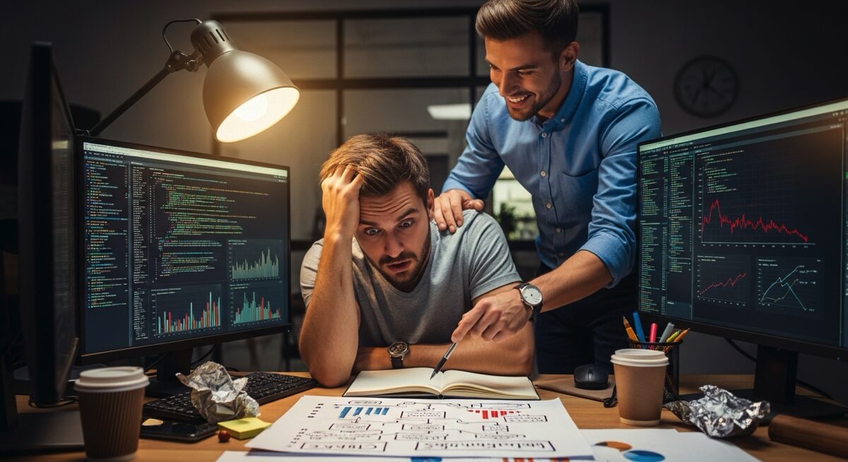 A founder overwhelmed by screens receives guidance from a consultant on tech planning.