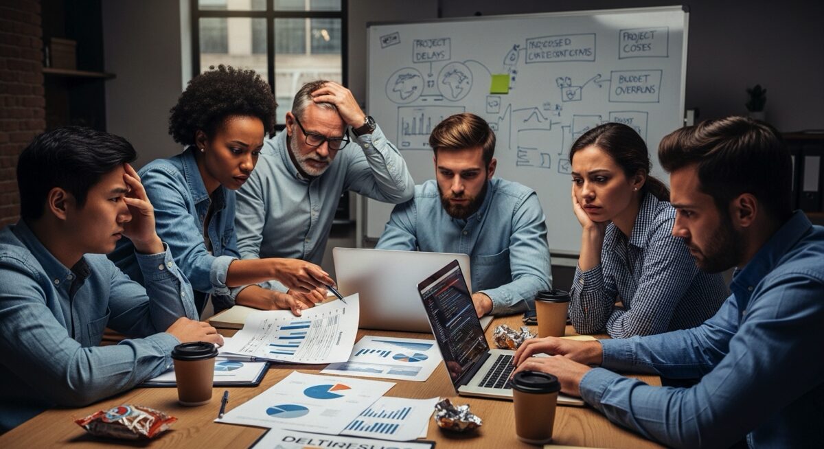 Concerned entrepreneurs review project charts and discuss delays due to technical challenges