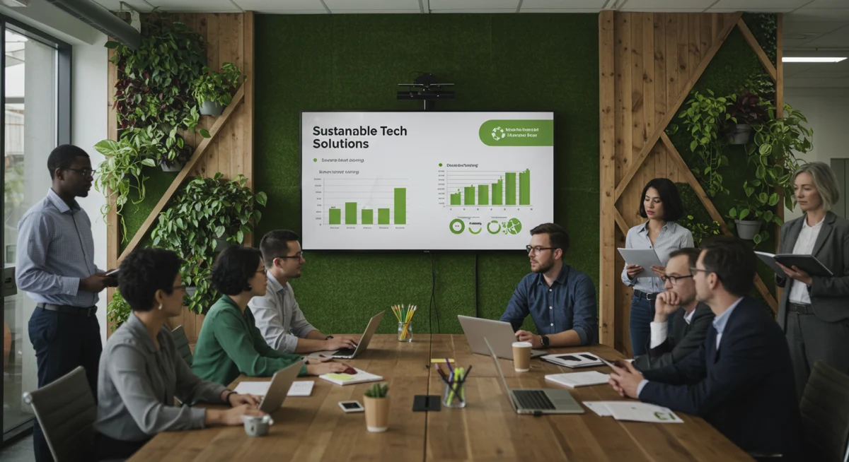 Business professionals discussing Sustainable Tech Solutions in an eco-friendly office.