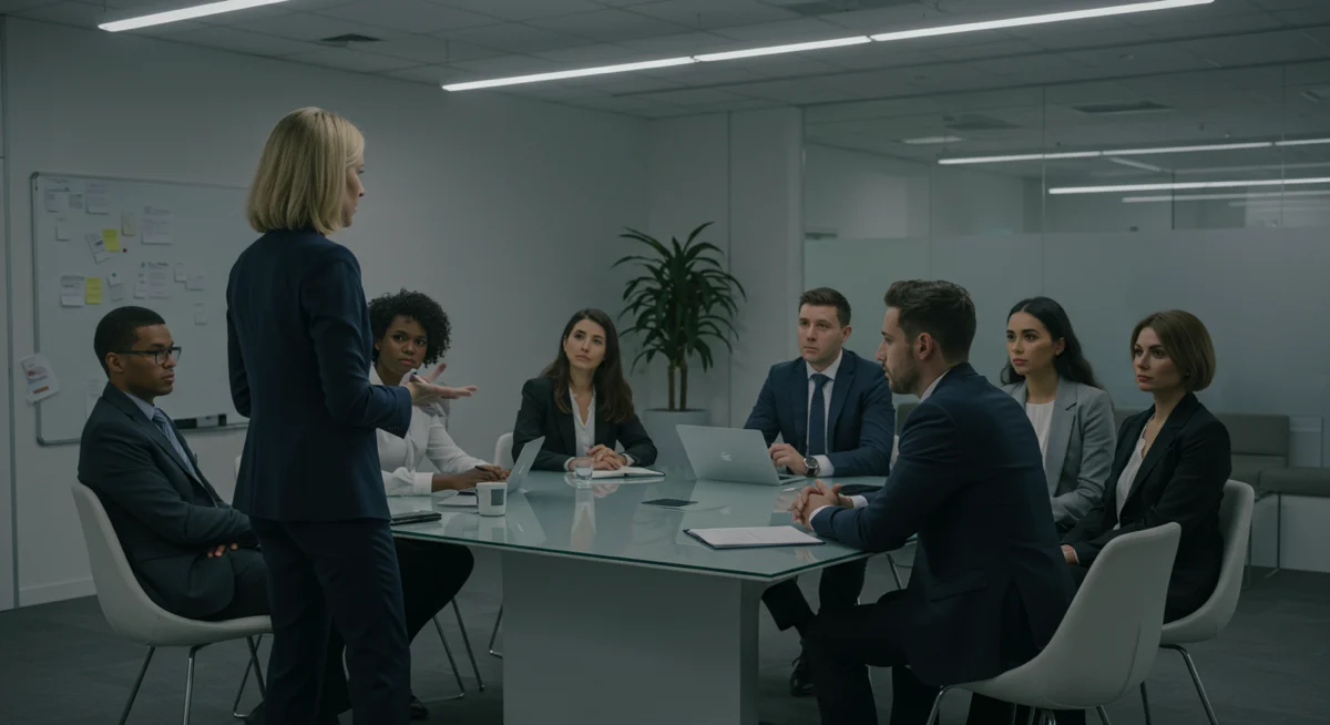 A group of tech professionals gathered around a table with one person calmly leading the discussion