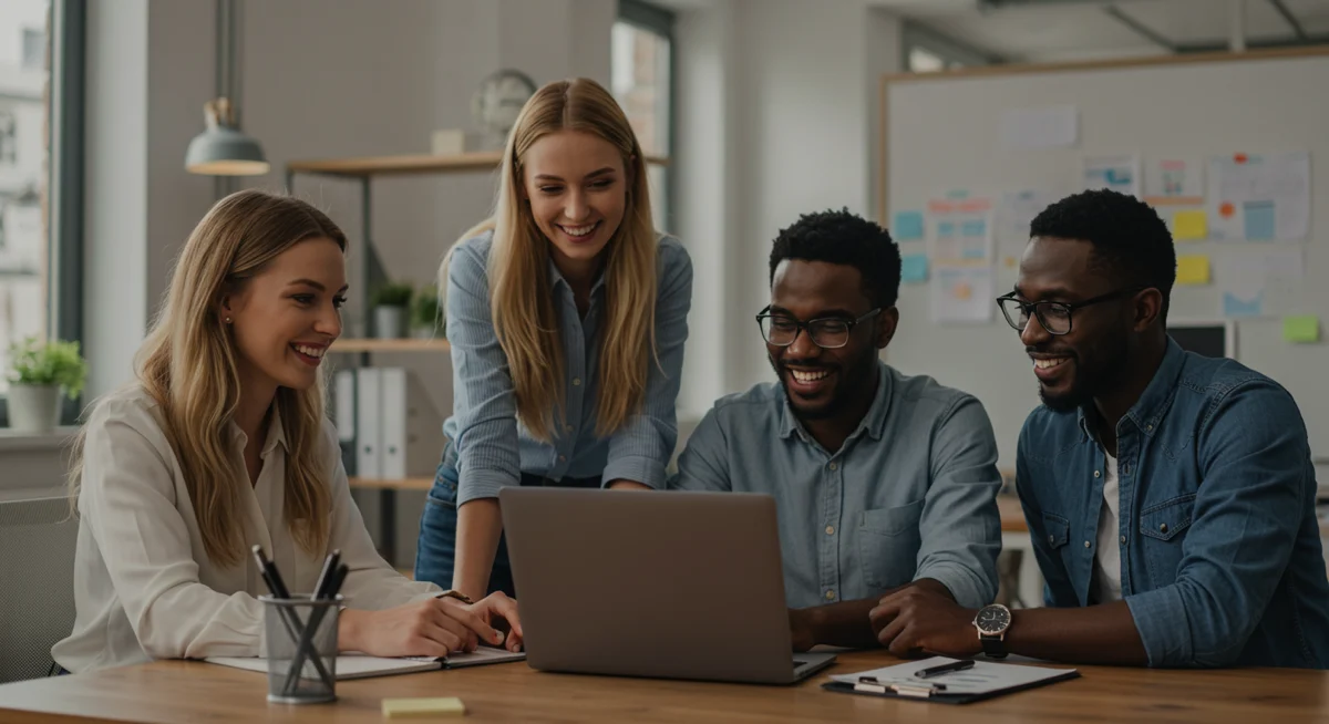 A smiling small office team gathered around a desk