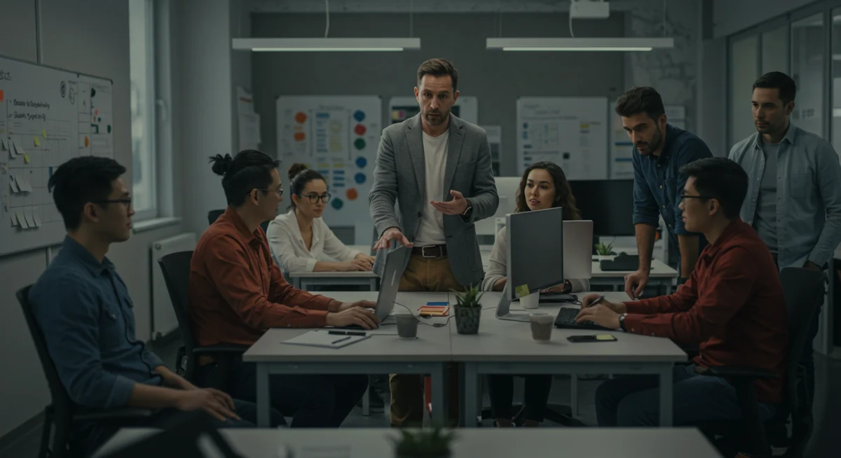 A leader in a modern tech setting guiding a small team