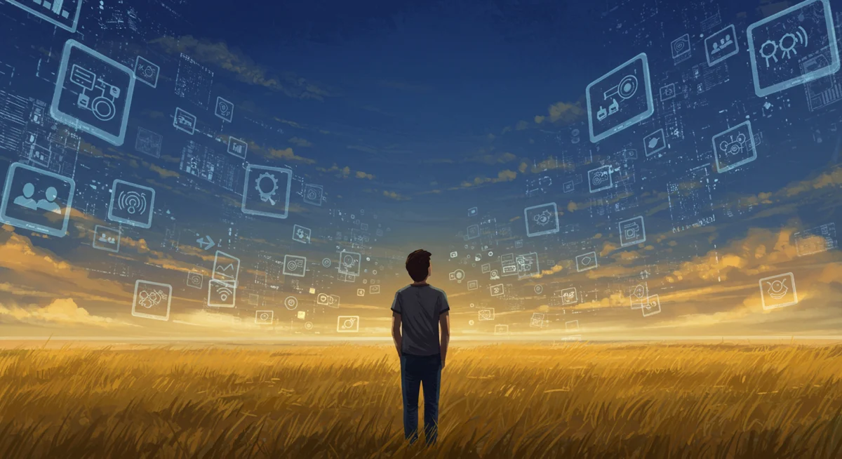 A forward-looking leader standing in front of a bright horizon with subtle tech icons in the background