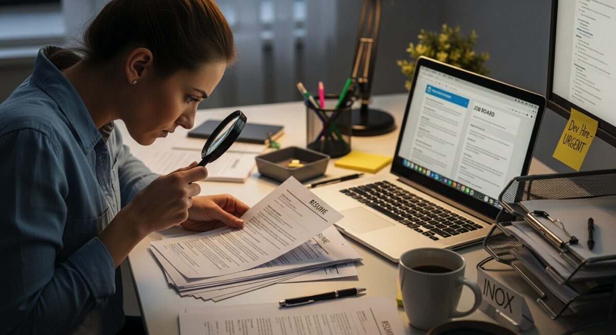  HR manager reviewing a small stack of resumes with a magnifying glass symbolising the limited talent pool for hiring developers.