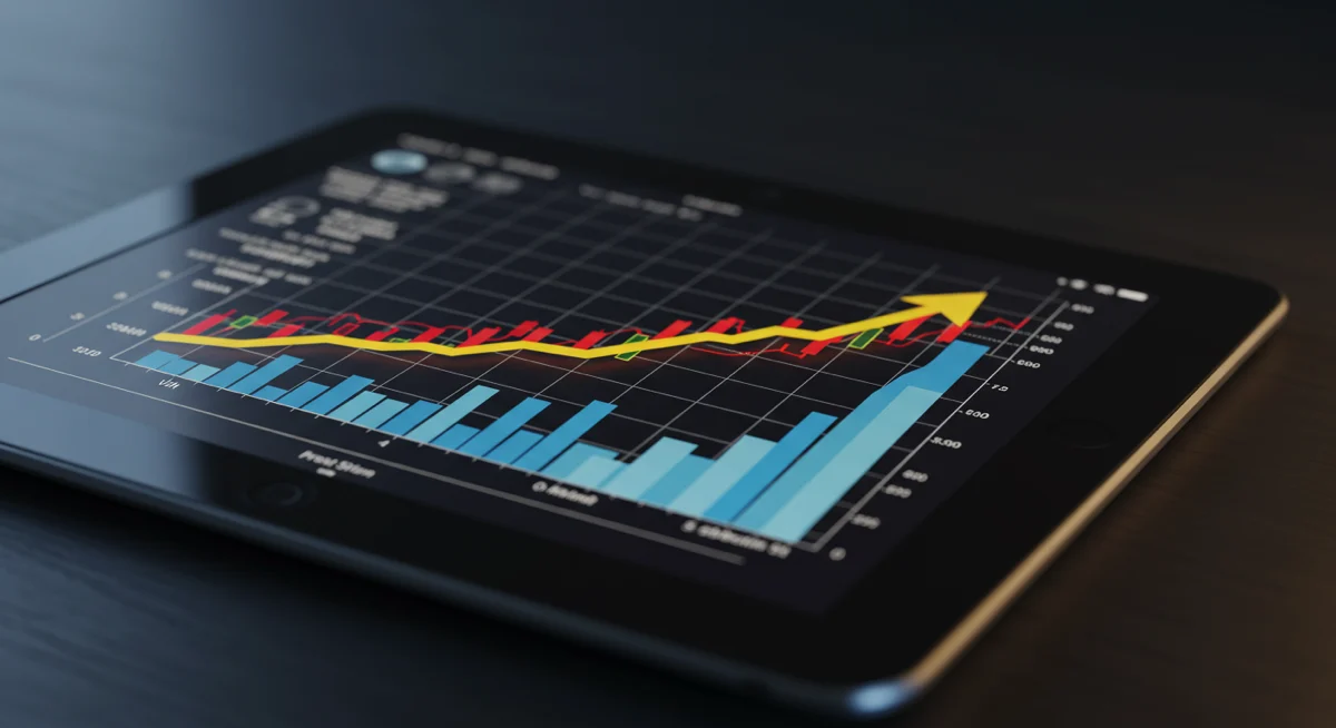 Chart on a tablet display showing rising statistics