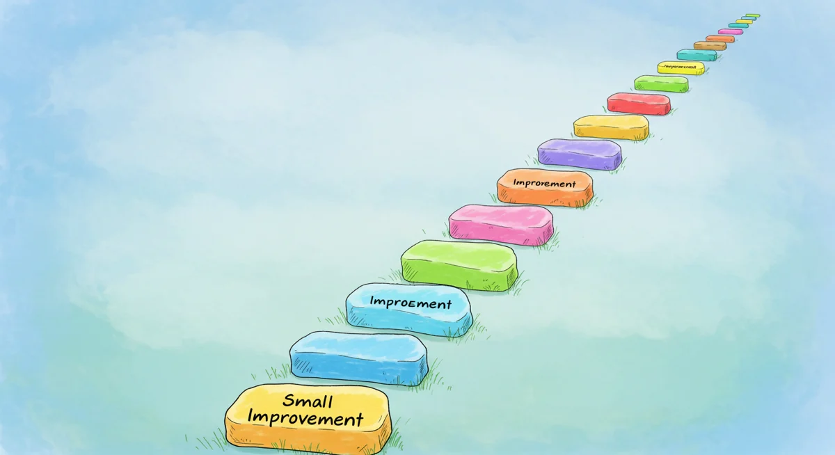 Stepping stones illustrating a continuing improvement approach.