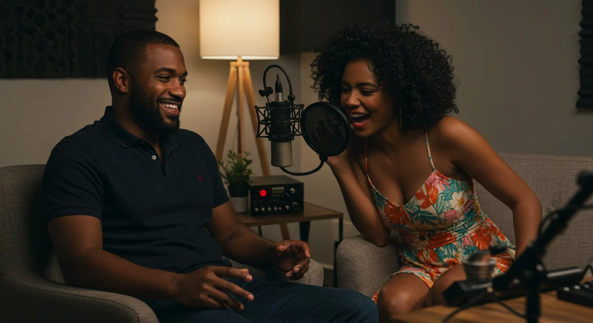 A lively image of two people recording a podcast with microphones