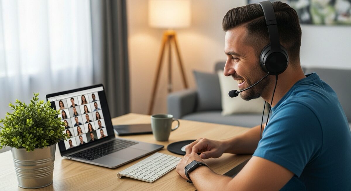 Remote developer working from home with laptop, headphones and plant, showing flexible work options and balance.