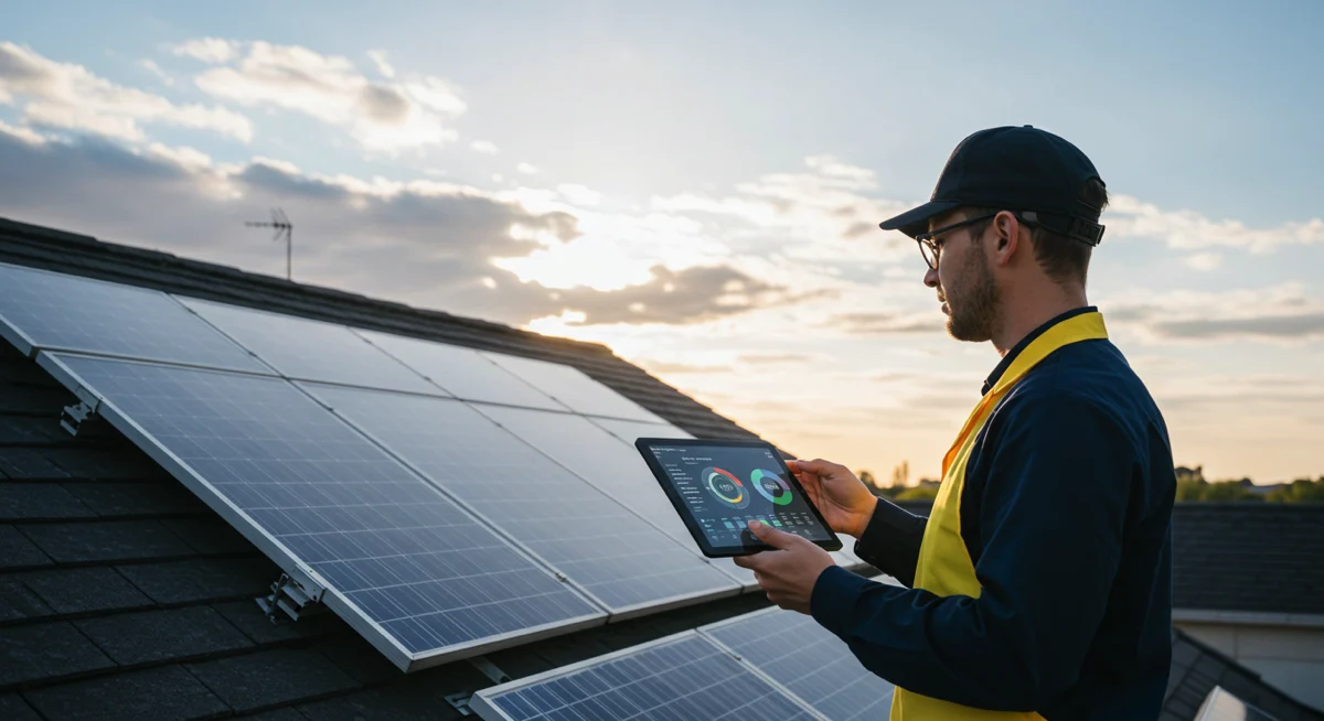 A small business owner reviewing solar panel efficiency as part of a Sustainable Tech Solution.