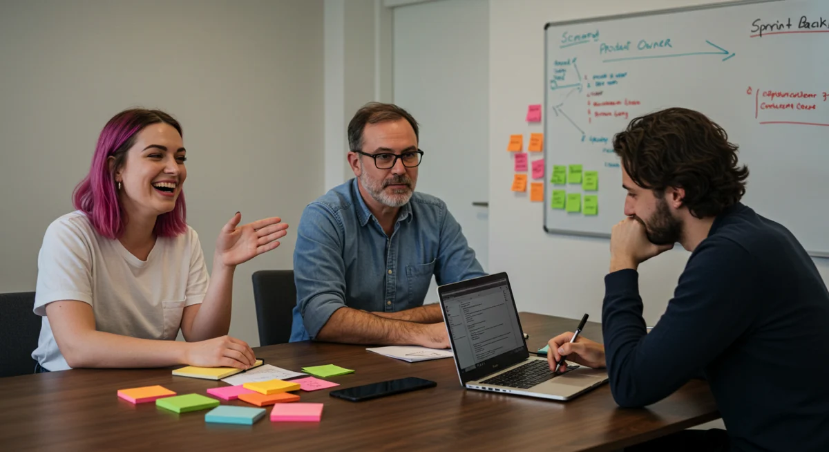 A Scrum Master, Product Owner, and Developer talking during a meeting