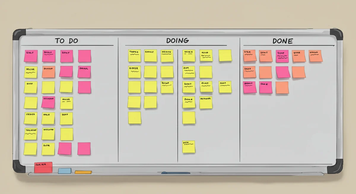 Scrum sprint board with sticky notes in a bright office setting.