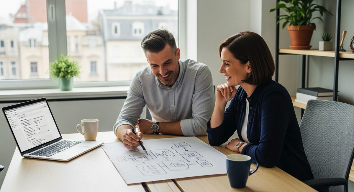 Tech consultant and founder discuss a structured SDLC over coffee.