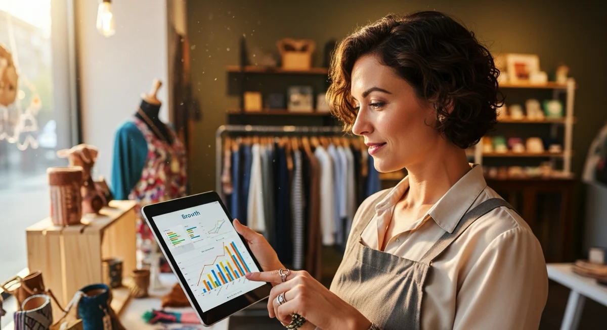 A female boutique owner reviewing sales charts on a tablet, representing growth.