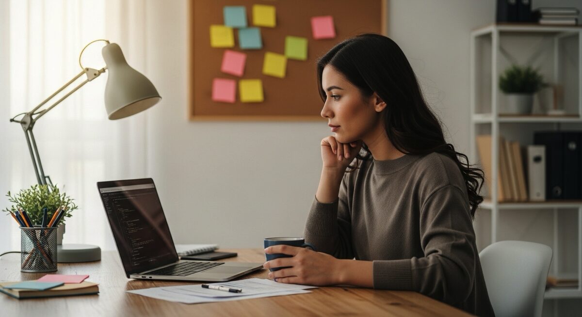 Small business owner contemplating developer hiring while working on a laptop in a cosy office.
