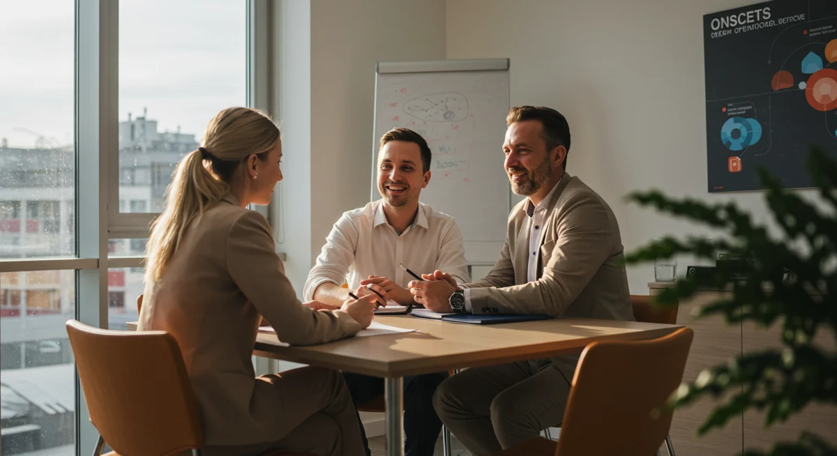 A small team at a table reviewing documents