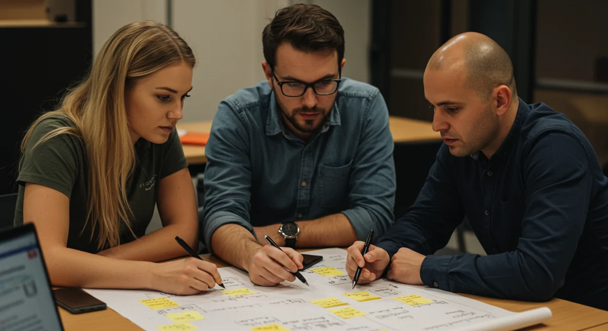 A team gathered around a desk for a retrospective