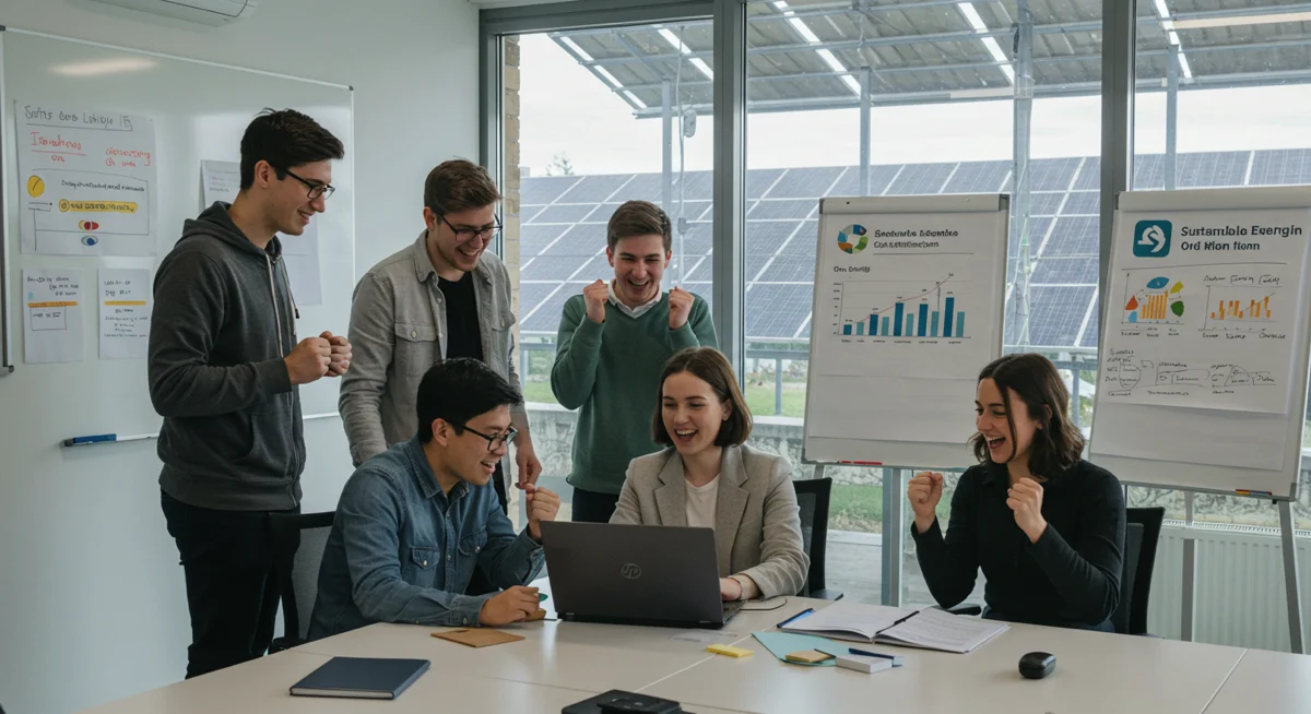 A startup team celebrating the successful implementation of a Sustainable Tech Solution.