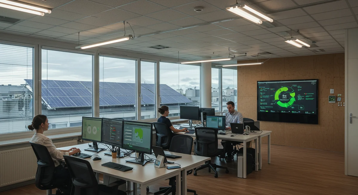 Modern office using a Sustainable Tech Solution with solar panels and energy-efficient lighting