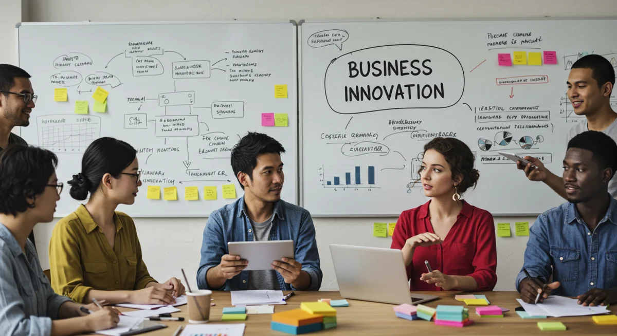 A diverse team collaborating on Business Innovation ideas in a creative workspace.