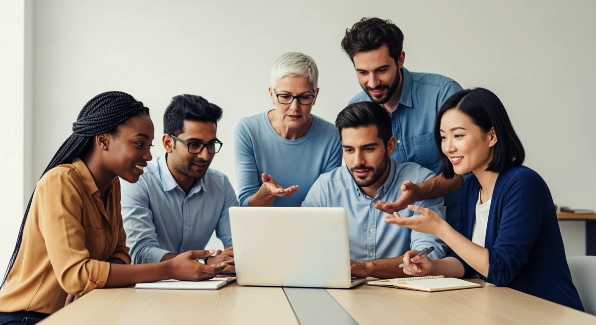 A diverse team of small business owners collaborating over a laptop with cloud icons above.