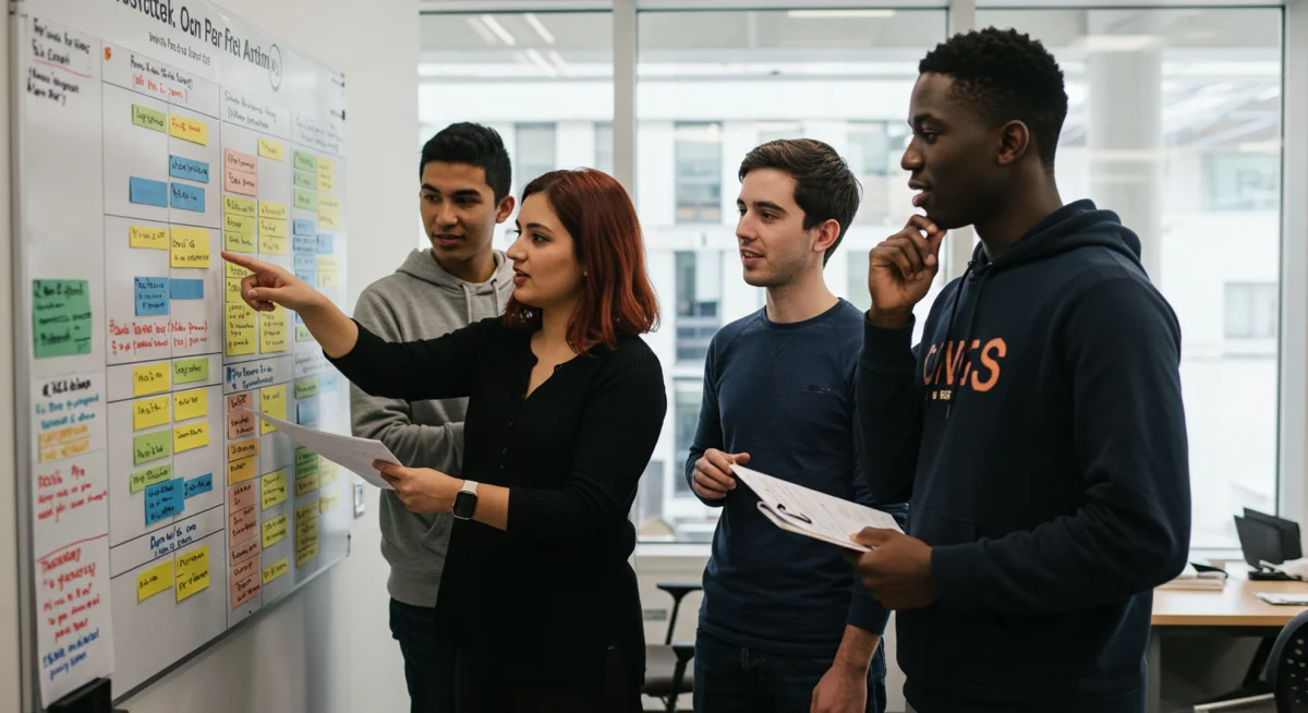 Team discussing tasks at a Kanban board