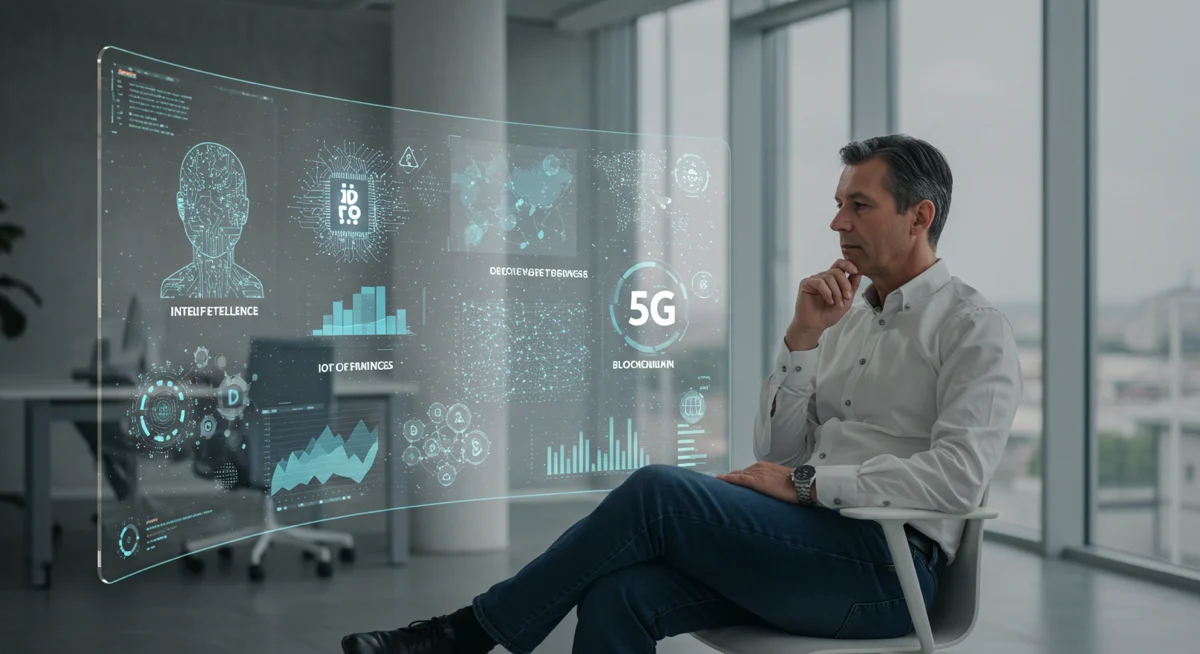 Futuristic digital interface displaying key Tech Trends 2025 innovations.